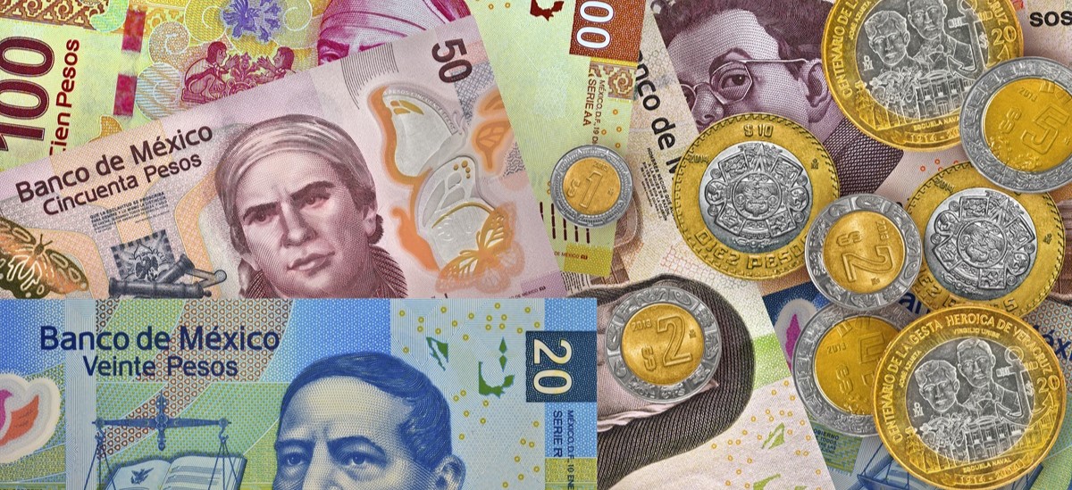 Mexican peso bank notes and coins